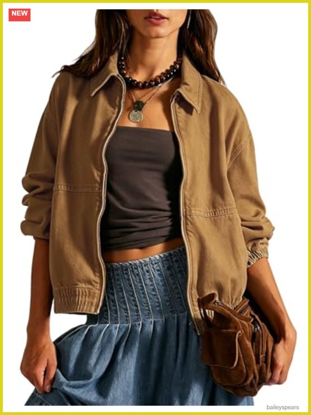 Womens Zip Up Denim Jean Bomber Jacket Loose Fit Long Sleeve Casual
